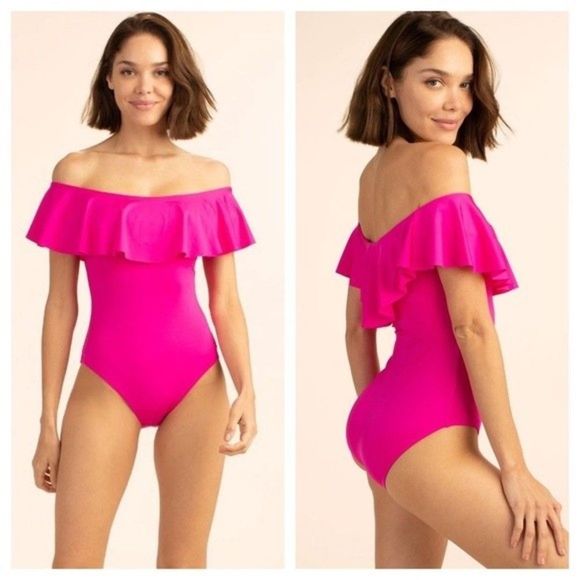 SOLD Trina Turk Pink Monaco Solids Off The Shoulder Ruffle One Piece Swimsuit - Picture 2 of 15